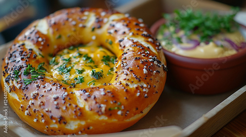 Savory pretzel with melted cheese and herbs served in a cozy eatery photo