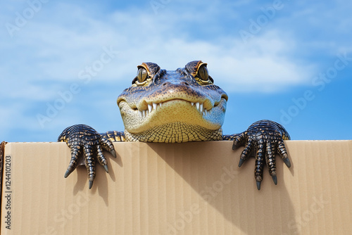 Crocodile is peeking over the edge of a brown cardboard box holding into one side with its paws against a blue background.	