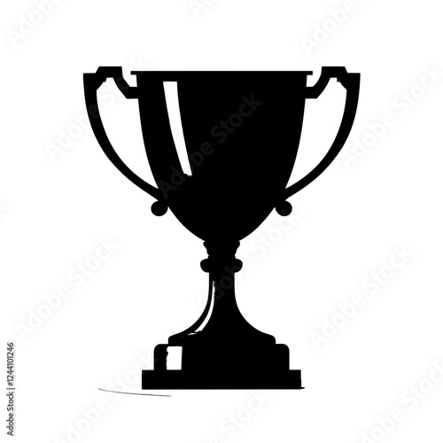 An illustration featuring a black trophy silhouette set against a clean white background showing a cup trophy with detailed handles and base.