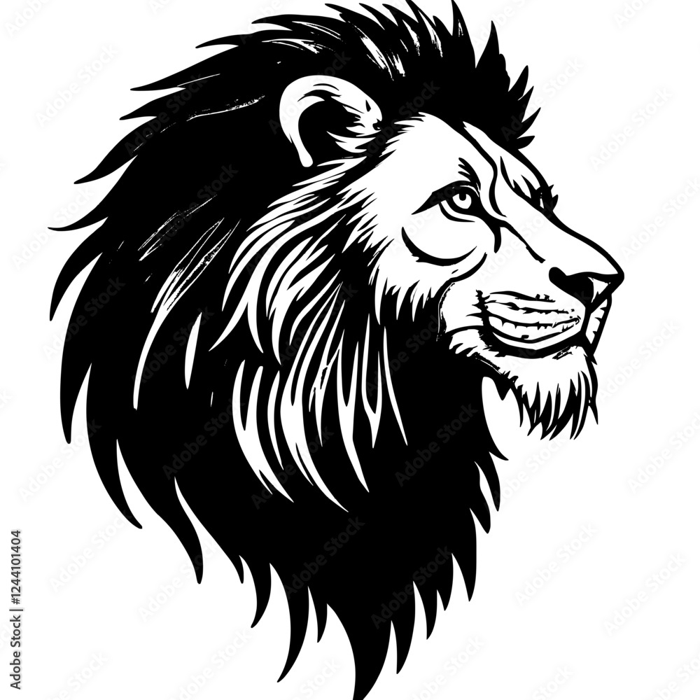 An illustration featuring a black lion face silhouette set against a clean white background depicting a detailed lion face with sharp eyes and a flowing mane, symbolizing strength and courage. An illustration featuring a black lion face silhouette set against a clean white background depicting a detailed lion face with sharp eyes and a flowing mane, symbolizing strength and courage.