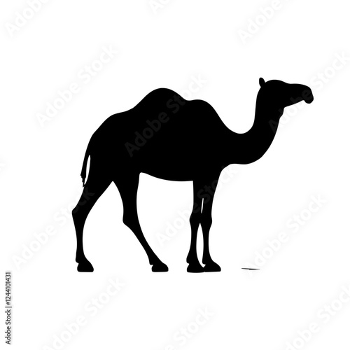 An illustration featuring a black camel silhouette set against a clean white background showing a camel with detailed humps and legs, symbolizing endurance and travel.