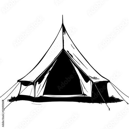 An illustration featuring a black tent silhouette set against a clean white background depicting a classic camping tent with detailed poles and guy lines.