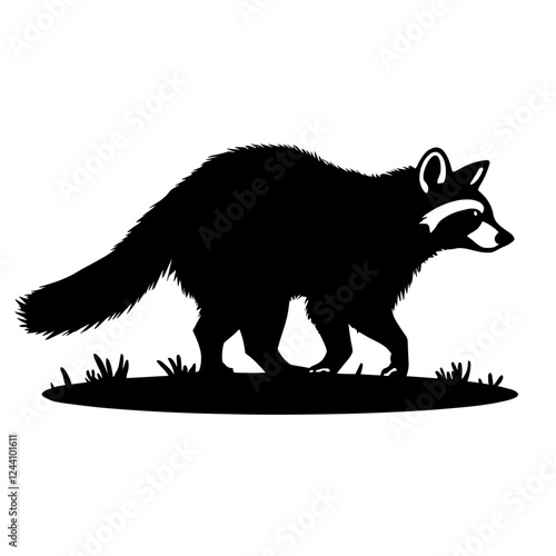 An illustration featuring a black raccoon silhouette set against a clean white background showing a raccoon with detailed tail and posture, symbolizing curiosity and adaptability.