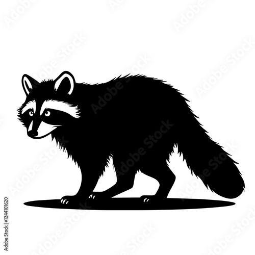 An illustration featuring a black raccoon silhouette set against a clean white background showing a raccoon with detailed tail and posture, symbolizing curiosity and adaptability.