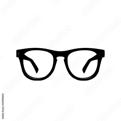 An illustration featuring a black glasses silhouette set against a clean white background showing classic eyeglasses with detailed frames and lenses.
