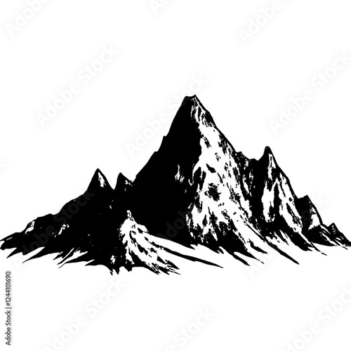 An illustration featuring a black mountain silhouette set against a clean white background showing jagged peaks with detailed slopes and ridges.