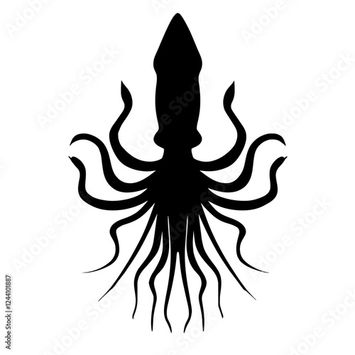 An illustration featuring a black squid silhouette set against a clean white background depicting a squid with detailed tentacles and fins, symbolizing adaptability and intelligence.