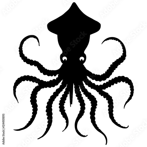 An illustration featuring a black squid silhouette set against a clean white background depicting a squid with detailed tentacles and fins, symbolizing adaptability and intelligence.