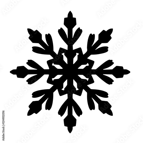 An illustration featuring a black snowflake silhouette set against a clean white background showing intricate patterns and detailed symmetrical branches.