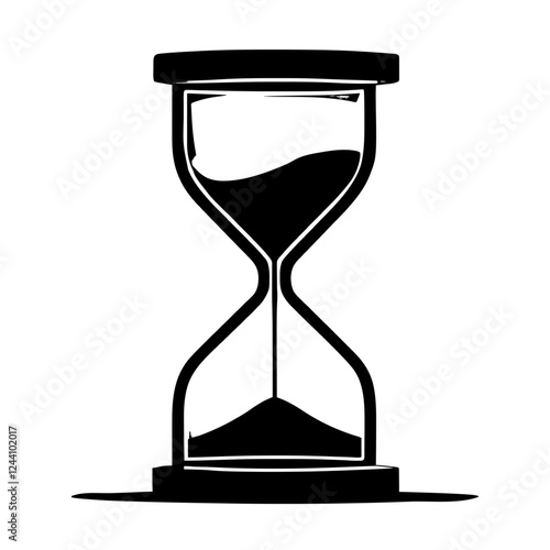 An illustration featuring a black hourglass silhouette set against a clean white background depicting an hourglass with detailed sand flow and frame.