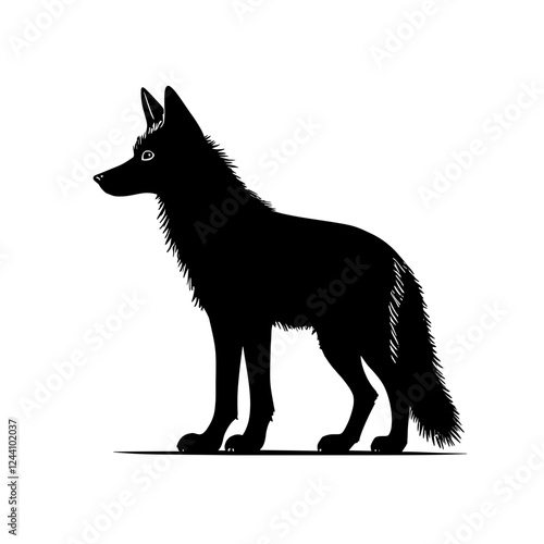 An illustration featuring a black jackal silhouette set against a clean white background depicting a jackal with detailed fur and stance, symbolizing intelligence and adaptability.