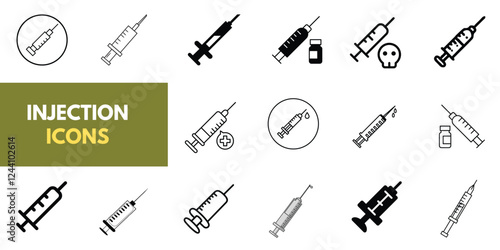 Set of Medical Injection icons, syringe icon vector black and white. Doctors often use syringes to prevent and treat malignant diseases. Injection icon, Syringe,