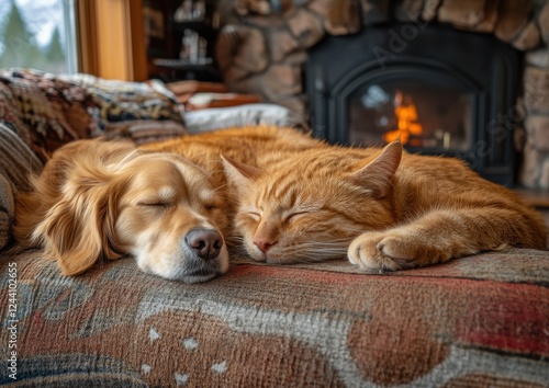 Wallpaper Mural Cozy companionship of a golden retriever and an orange tabby cat napping together by a fireplace in a warm living room setting Torontodigital.ca