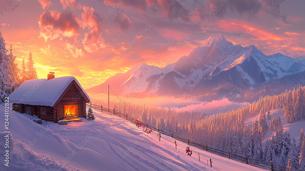 Cozy log cabin nestled in snowy mountains during a vibrant sunset with glowing fireplace. Cozy log cabin nestled in snowy mountains during a vibrant sunset with glowing fireplace.