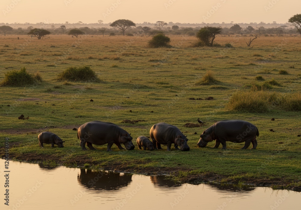 Hippopotamus family grazing by river serengeti nature scene dusk Hippopotamus family grazing by river serengeti nature scene dusk