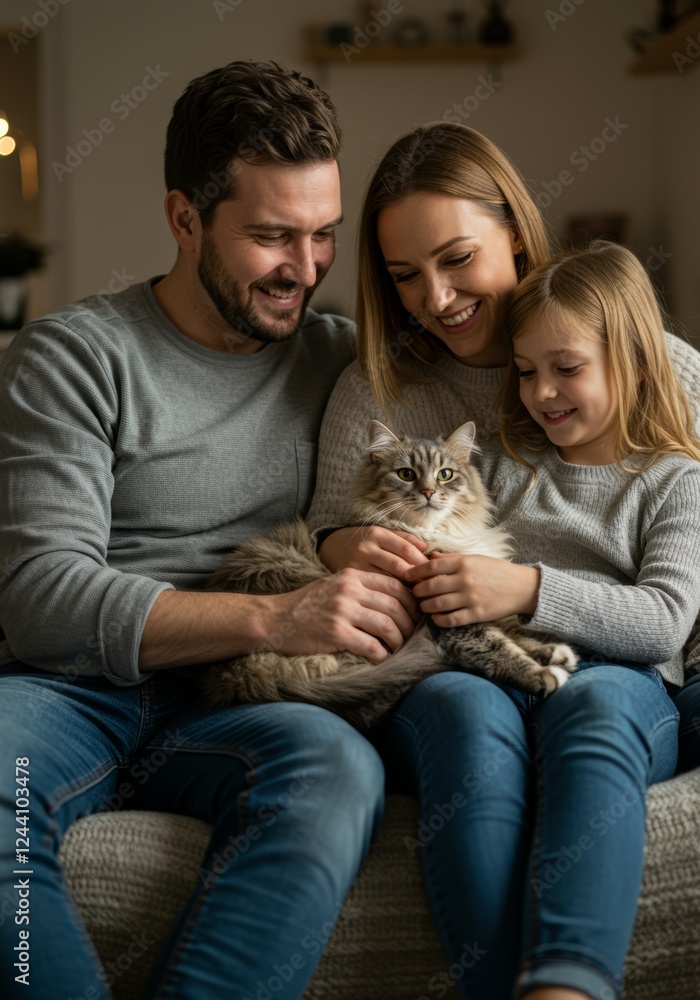Family bonding with cat at home cozy indoor living room scene Family bonding with cat at home cozy indoor living room scene