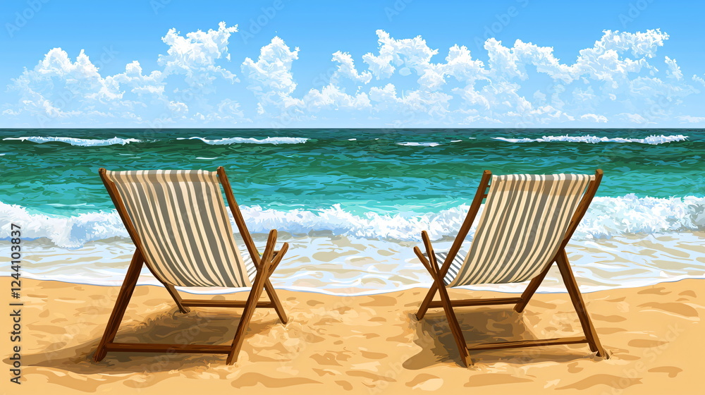 Relaxing beach chairs on sandy shore with ocean waves and blue skies in the background Relaxing beach chairs on sandy shore with ocean waves and blue skies in the background