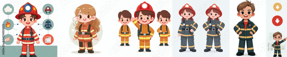 set vector kids in firefighter uniform standing happily set vector kids in firefighter uniform standing happily