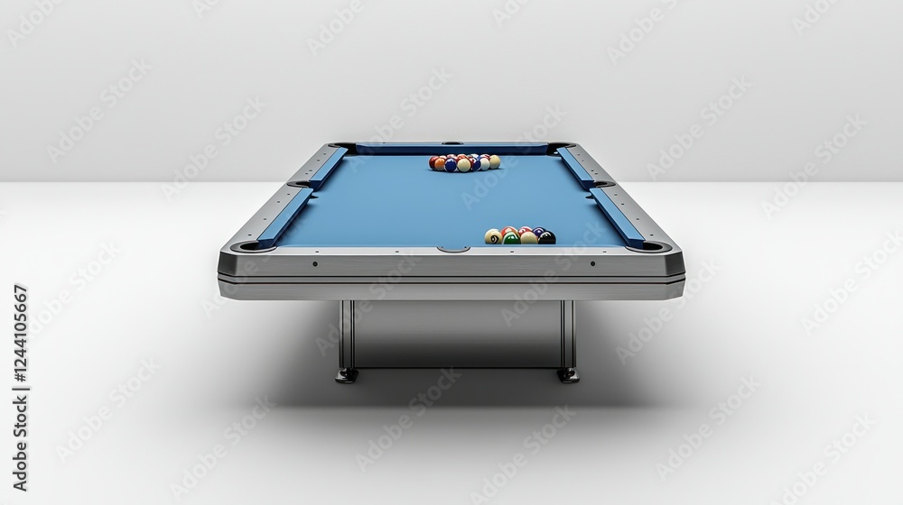 Modern pool table, light gray, blue felt, game, room