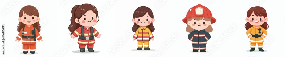 set vector kids in firefighter uniform standing happily set vector kids in firefighter uniform standing happily