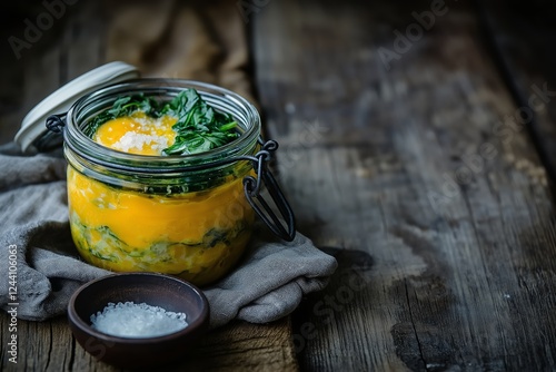 A delicious jar of baked eggs with spinach and cheese offers a nutritious option for jar breakfasts, perfect for a healthy meal on-the-go. photo