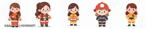 set vector kids in firefighter uniform standing happily