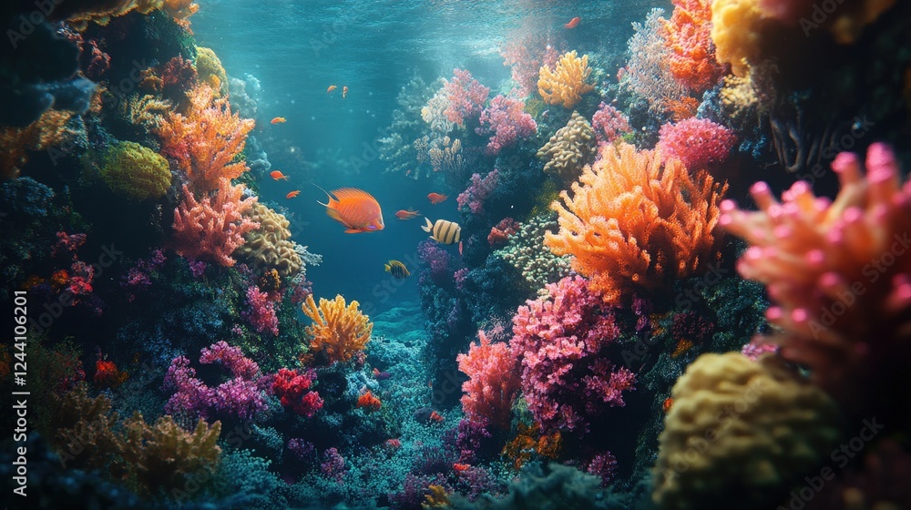 Naklejka premium A colorful coral reef teeming with life, showcasing the endangered species that rely on healthy reefs,