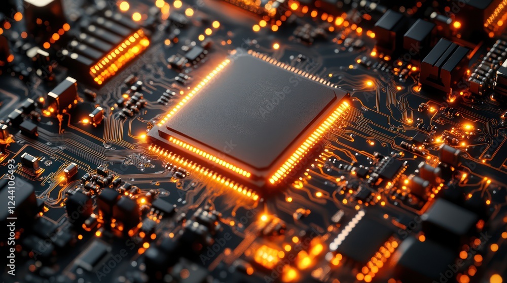 Glowing Circuit Board: A Close-Up of a Microchip's Intricate Design Glowing Circuit Board: A Close-Up of a Microchip's Intricate Design