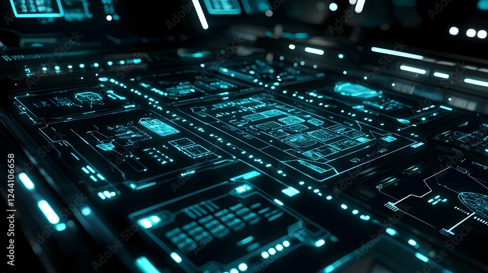 Digital visualization of a futuristic interface with glowing interconnected nodes symbolizing the concept of team high tech progress