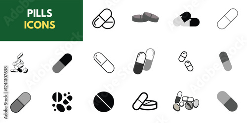 Pills and Tablets, linear style icon set. Various shapes and forms of medication capsules. Drug compounds and pharmaceutical products. Editable stroke width.
