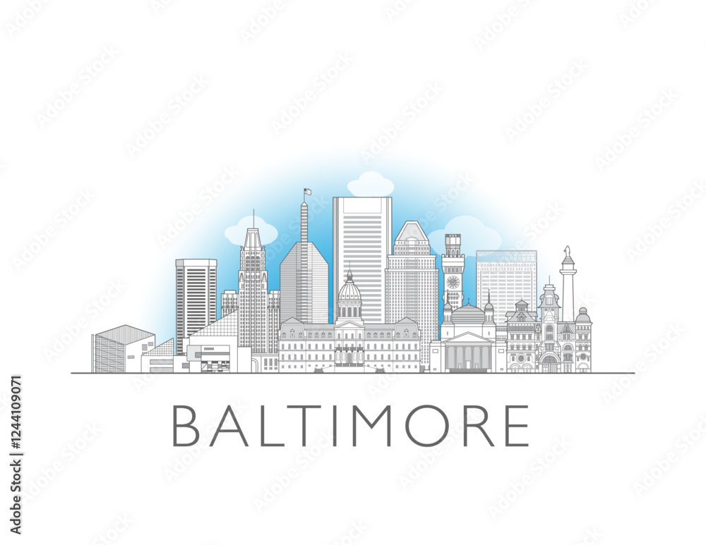 Fototapeta premium Baltimore skyline. Hand drawn vector illustration. Linear style.