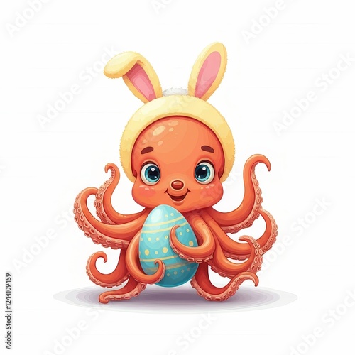 A playful cartoon octopus wearing a bunny hat, holding a colorful Easter egg, perfect for festive themes and children's illustrations. photo