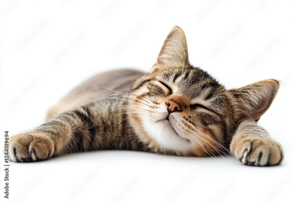 Fototapeta premium Cute and Relaxed Tabby Cat Lying on White Background with Eyes Closed, Soft Fur and Peaceful Expression, Perfect for Animal Lovers and Pet Themed Projects