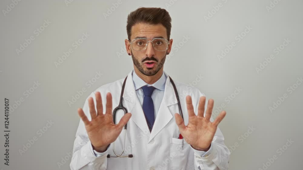 Hispanic male doctor wearing glasses and stethoscope, making a calming gesture with hands, standing in front of a white background, exhibiting serious expression. Hispanic male doctor wearing glasses and stethoscope, making a calming gesture with hands, standing in front of a white background, exhibiting serious expression.