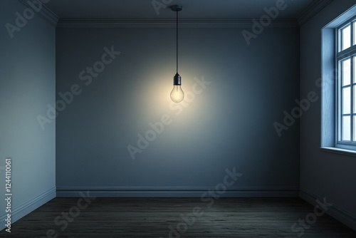 Lightbulb swinging gently in an empty room with dim lighting and wooden floor at twilight. Generative AI