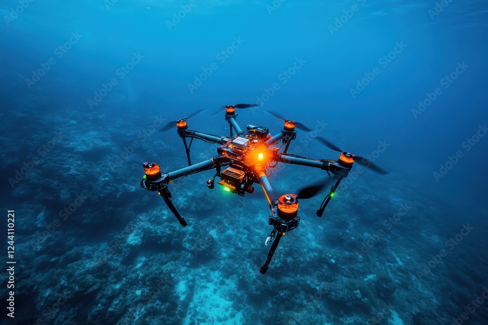 Fototapeta premium Exploring the depths of the ocean with a high-tech underwater drone at twilight