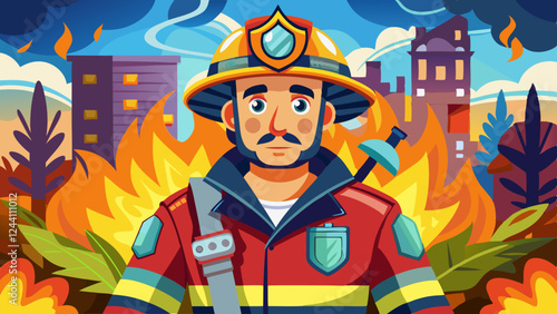 Brave firefighter in uniform and helmet standing in front of a blazing fire with urban buildings and trees, symbolizing heroism, rescue, and dedication to public safety