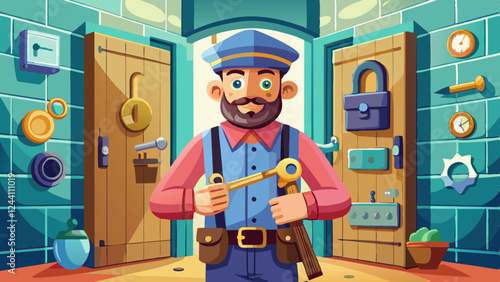 Smiling locksmith with a beard holding keys and tools, surrounded by various locks and doors, representing security, craftsmanship, and professional locksmith services
