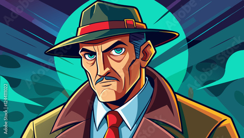 Serious detective in a trench coat and fedora, set against a dramatic, mysterious backdrop, symbolizing investigation, intrigue, and crime-solving