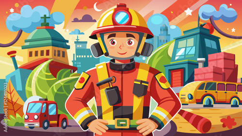 Smiling firefighter in uniform with a helmet, standing in a vibrant cityscape surrounded by buildings, trees, and emergency vehicles, representing safety, preparedness, and community service
