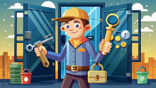 Cheerful locksmith holding keys and tools, standing in front of a vault and open doors, symbolizing security, expertise, and professional locksmith services