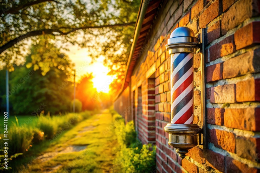 Fototapeta premium Vintage barber pole sign, red, white, blue stripes, creates rustic charm against a brick wall backdrop.