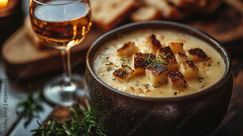 Aromatic Creamy Potato Soup with Toasted Croutons and White Wine Aromatic Creamy Potato Soup with Toasted Croutons and White Wine
