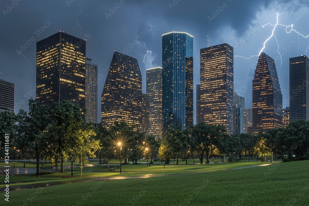 Fototapeta premium Houston Skyline Illuminated Night Storm