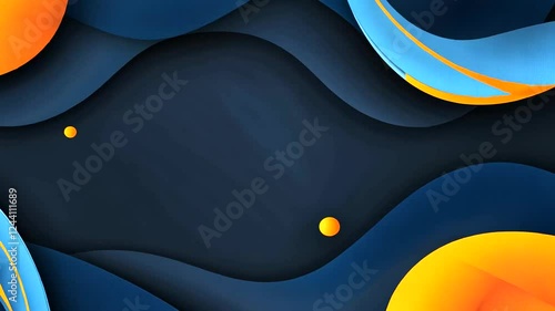 Abstract dark blue waves, orange spheres, background, design template