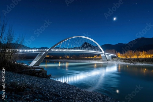 Illuminated Bridge Spanning River Under Night Sky