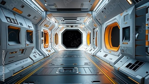 Futuristic Spaceship Corridor: A 3D Render of a Sleek and Modern Spaceship Interior