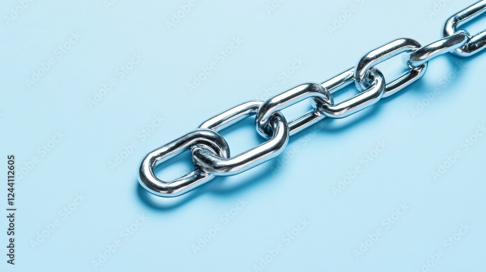 Fototapeta premium Isolated Abstract Vector chain. Wireframe chain element on blue background. Link protection, blockchain technology, cooperation symbol. Communication, security, internet safety, connect concept.