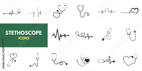 A set of stethoscope icons, medical design elements, and clipart. The theme is medicine, pandemics, health care, and treatment. 