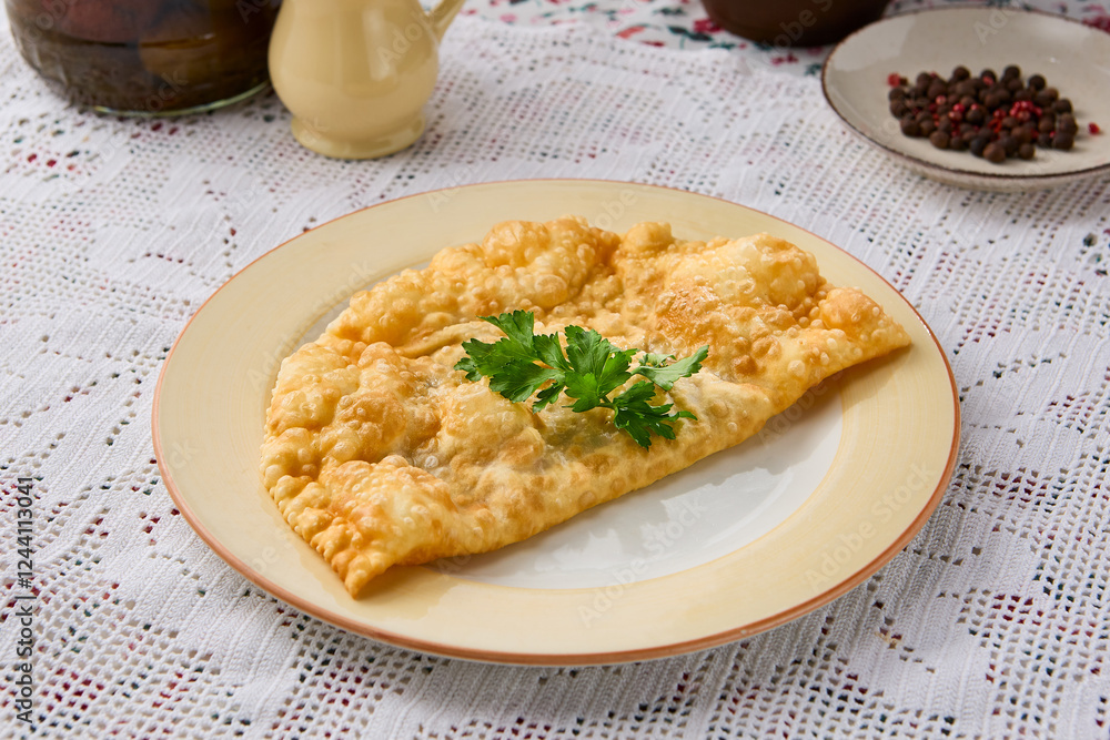 Golden Cheburek on White Plate Rustic Culinary Art with Vintage Aesthetic Golden Cheburek on White Plate Rustic Culinary Art with Vintage Aesthetic